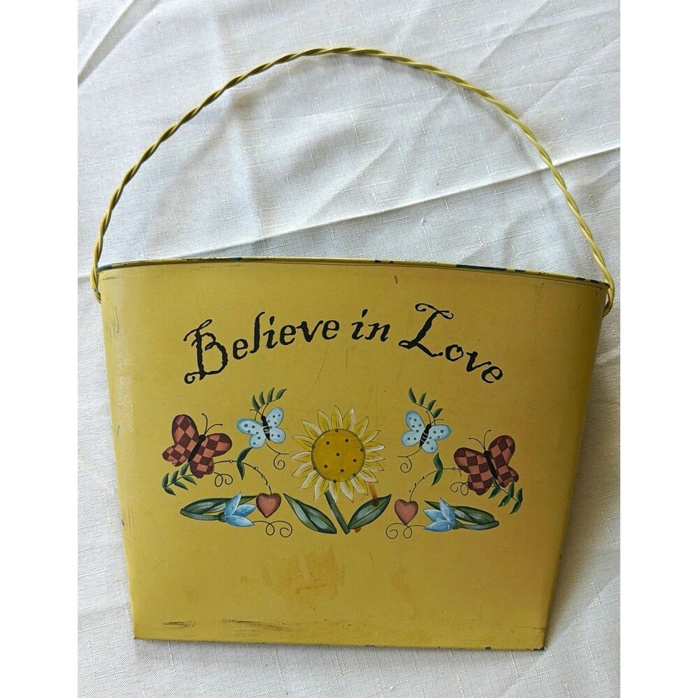 Yellow Metal Hanging Rectangular Basket "Believe in Love" Floral Country 12"
